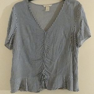 H&M v neck blue and white striped blouse